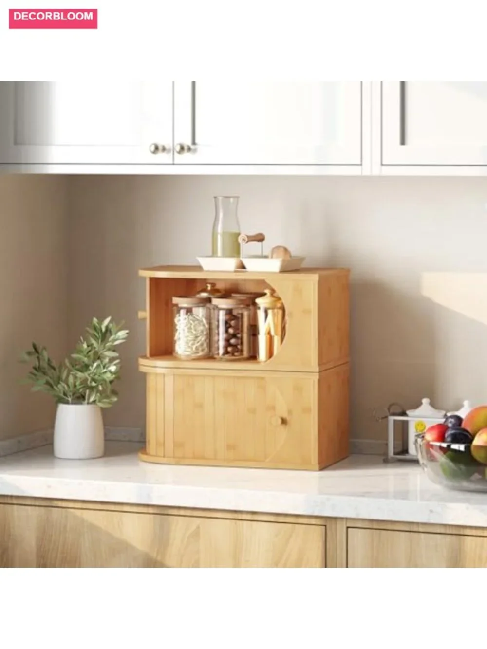 Natural Bamboo Bread Box with Roller Door for Kitchen Countertop